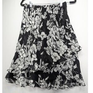 Kathy Roberts Black White Floral Tiered Chiffon‎ Skirt Size 10 Made in USA